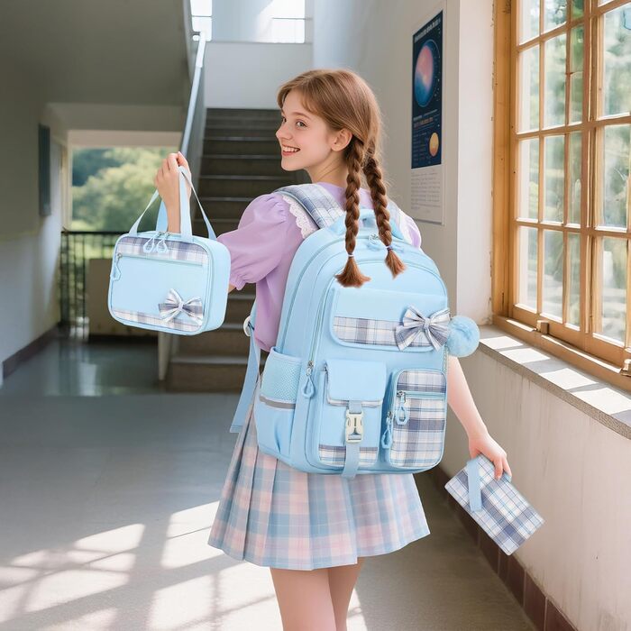 Набір шкільних речей для дівчаток: рюкзак, ланч-бокс, пенал. 3-й клас, 4-5 клас. Блакитний колір
