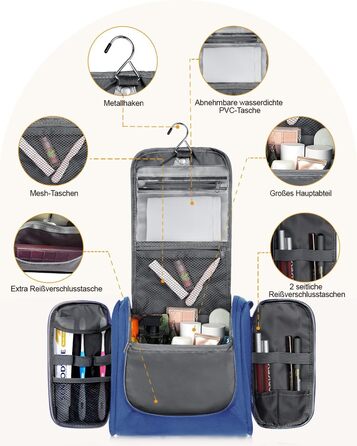 Чоловіча та жіноча косметичка для подорожей, водонепроникна, з гачком для підвішування, компактна, органайзер для косметики (Блакитна)