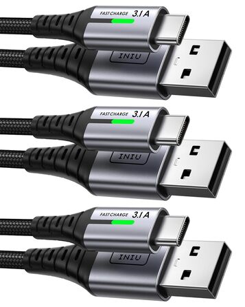 Кабель USB-C INIU, 3 шт. (2м+2м+0,5м), 3.1A, з LED-підсвічуванням, нейлон, для Samsung, iPhone, Pixel, iPad, MacBook