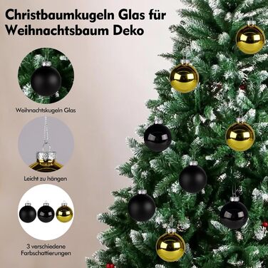 Набір ялинкових прикрас Hengsong - 24 чорні скляні кулі з золотом, 6 см