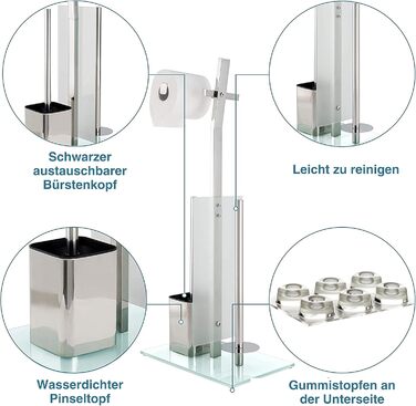 Набір для ванної кімнати з тримачем для туалетного паперу – Хромований, без свердління, з нержавіючої сталі, скляний підстав, 32x20x70 см, проста установка, 1 та 2 щітки, срібний