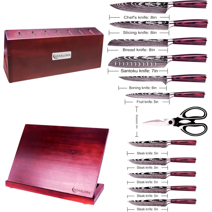Набір кухонних ножів Hoablorn 15 предметів з блоком: високоякісний набір ножів з дерев'яним блоком, ідеальний для дому та як подарунок