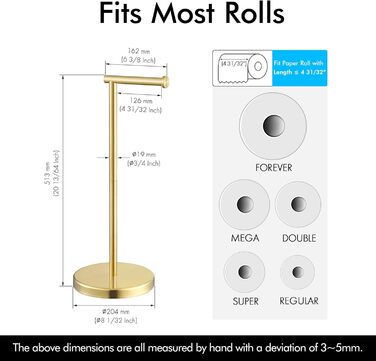 Stainless Steel Freestanding Toilet Paper Holder with Weighted Base - Brushed Gold Finish (51.3cm)