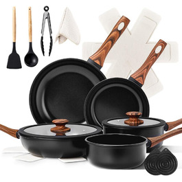 Набір каструль LEADZM з керамічним покриттям (22 частини) - сумісний з усіма плитами, без PFOA/PFOS, бежевий + чорний та натуральний кольори
