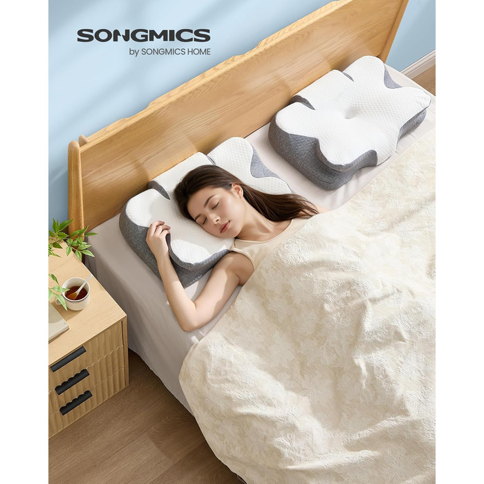 Подушка SONGMICS ергономічна з Memory Foam, висота регулюється, для сну на боці, спині та животі, колір: білий + сірий, поліестер