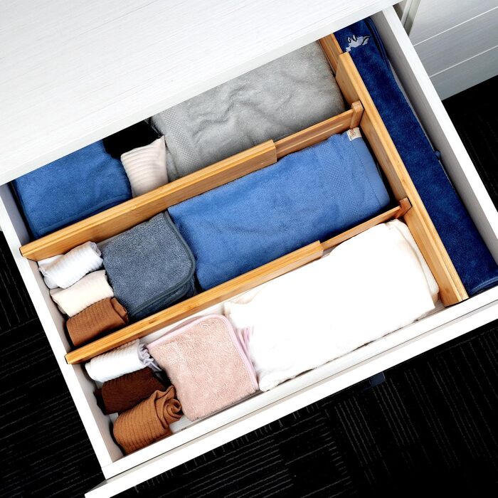 Utoplike 4 Pack Bamboo Adjustable Drawer Dividers, Adjustable Drawer Organizer, Spring-Loaded, for Clothing, Cosmetics in Bathroom and Bedroom Drawers