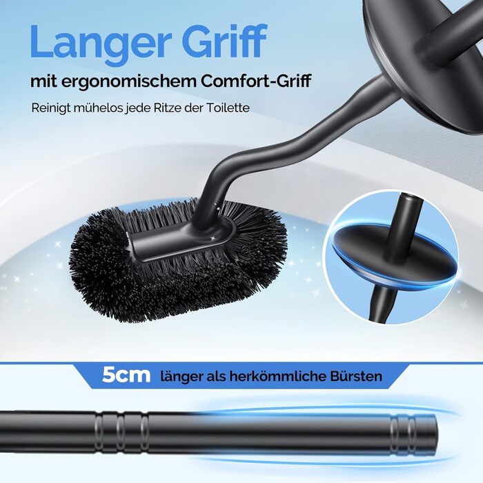 Набір для чищення унітазу HAMITOR з нержавіючої сталі: щітка для унітазу з кріпленням на стіну без свердління, для глибокого очищення під краєм, з швидковисихаючим підставкою, довга ручка, чорний, 1 шт.