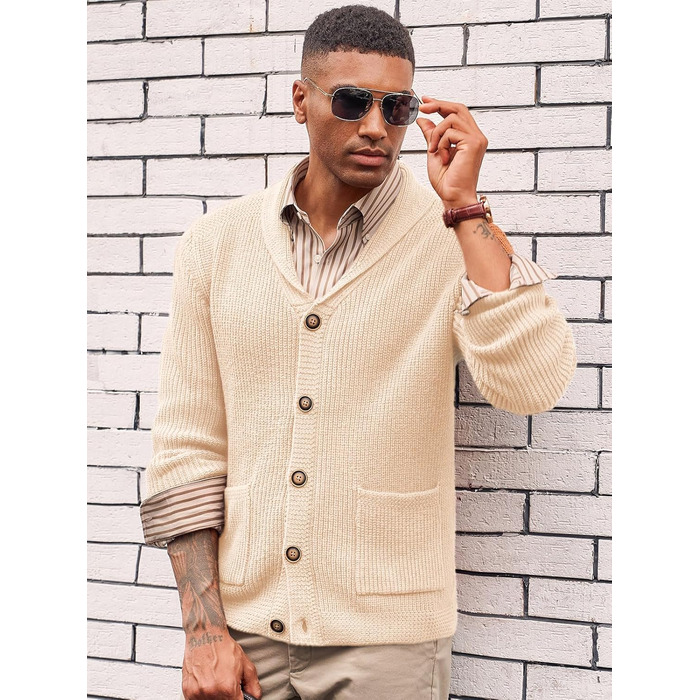 Чоловічий в'язаний кардиган Runcati з коміром-шарфом, рельєфним візерунком, ґудзиками, для зими, великий, з кишенями (M, Бежевий)
