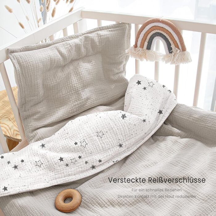 Набір постільної білизни для дитячого ліжечка Lulumoon з мусліну 100x135 см: простирадло 100x135 см + наволочка 40x60 см з бавовни Oeko-TEX Standard – легка та комфортна постільна білизна для малюків. Теплий сірий колір, зірки, 100x135 см + 40x60 см