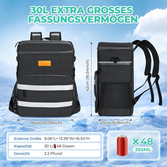 30L Cooler Bag Large Foldable - Cooler Bag for Food & Drinks, Picnic Bag, Insulated Thermal Bag, Cooler Bag Car for Beach/Picnic/Camping/BBQ (Black)