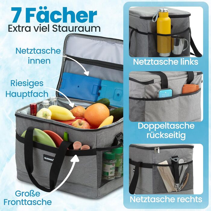 Термосумка HELDENWERK 40L з 7 відділеннями – велика, складна, для пікніка, ланчу, виїздів, сірого кольору, 12 годин охолодження, витримує 40L, з посиленим дном