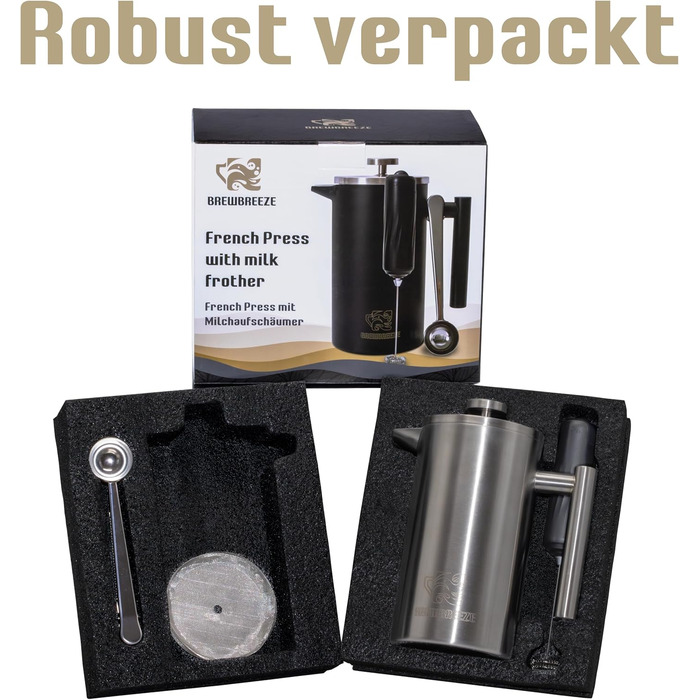 Набір для приготування кави френч-прес, 1 літр, з молочний спінювач, з нержавіючої сталі, термоізольований