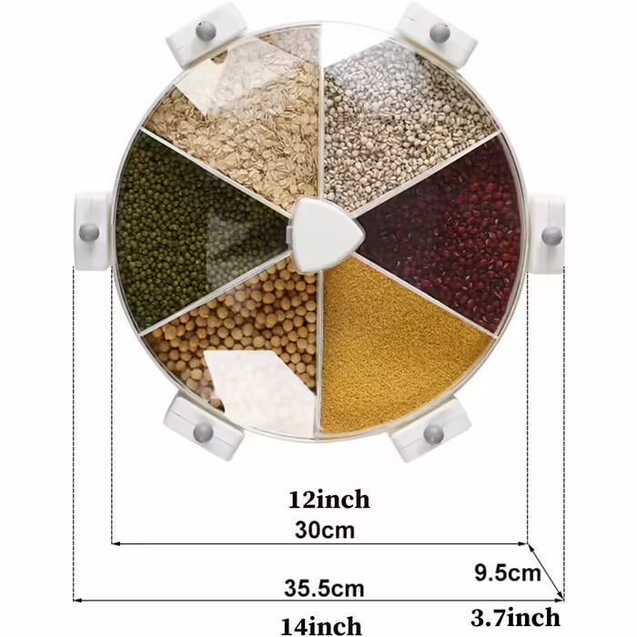 Rotating rice and grain dispenser, for kitchen, wall-mounted, for dry food, storage container for beans, white color, practical food dispenser.