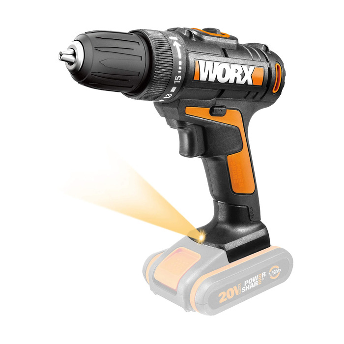 WORX WX101.9 Акумуляторний дриль-шуруповерт 20V – потужний інструмент для свердління та закручування шурупів – двоступеневий діапазон швидкості та 15+1 налаштувань крутного моменту – з LED-підсвічуванням – без акумулятора та зарядного пристрою, патрон 10 