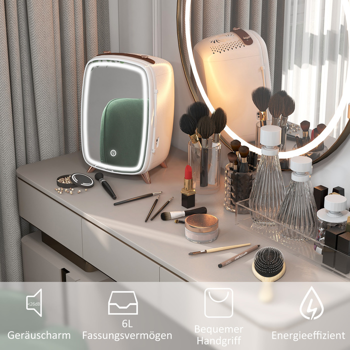 HOMCOM Portable Mini Fridge for Cosmetics, Drinks, and Snacks - Compact Design with Illuminated Mirror, Quiet Operation, 6L Capacity, White