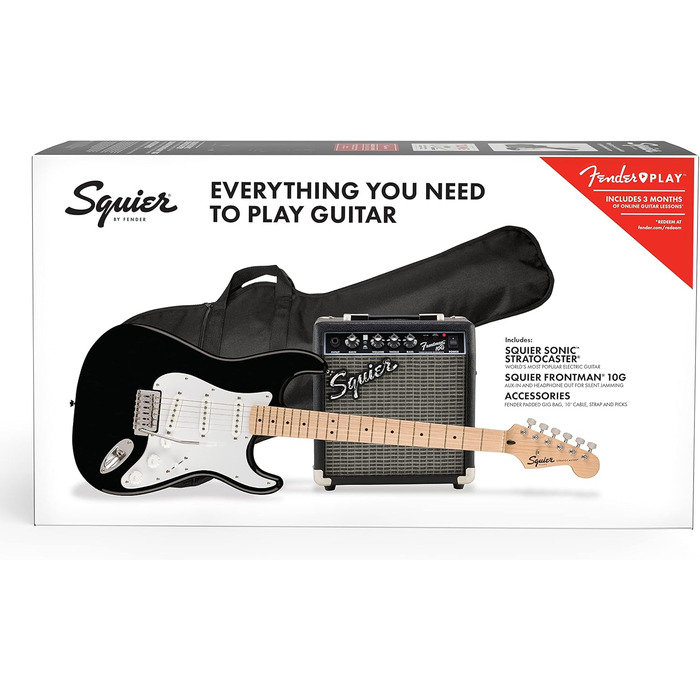 Електрогітара Squier Sonic Stratocaster з підсилювачем Fender Frontman 10G, чорна, з чохлом та безкоштовними онлайн-уроками Fender Play
