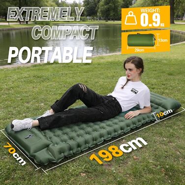Каремат туристичний надувний Isomatte Camping 10 см з вбудованим насосом та подушкою, водонепроникний, антирозривний для кемпінгу, пляжу, подорожей, походу (Зелений)