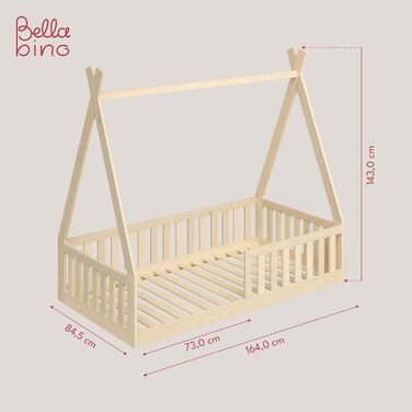 Bellabino Tajo Children's Bed Base 80x160 cm, House Bed made of Solid Pine Wood with Fall Protection/Rail and Slatted Frame in Natural for Children from 3 Years