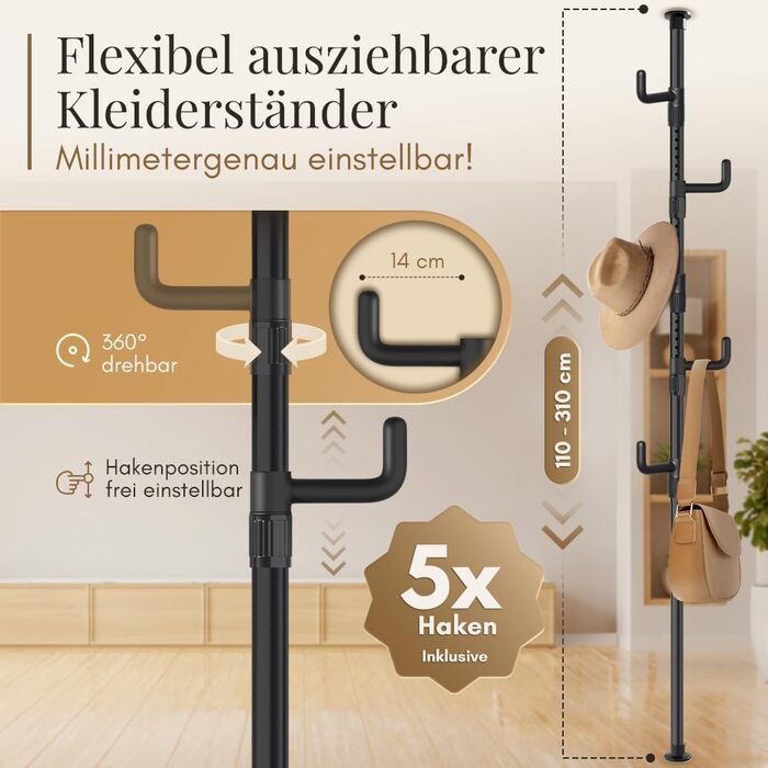 Extendable Coat Rack, 5 Hooks [Black, 110-310cm] – Telescopic Clothes Rack, Stable – Space-Saving Closet, Metal – Butler for Men, Bedroom – Entranceway Closet – Clothes Rail Balcony