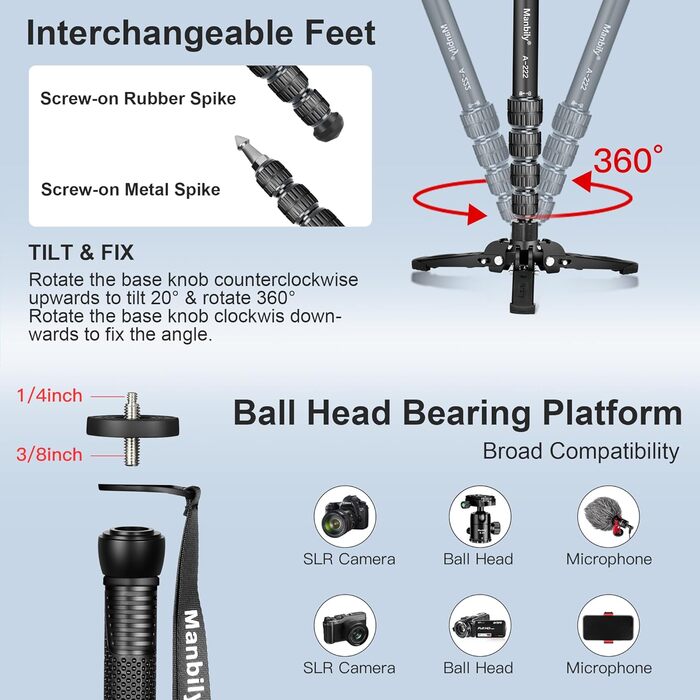 Штатив для камери Manbily A-222 з висувними ніжками з алюмінію, 5 секцій, до 170 см, 7 кг, для DSLR Canon/Sony/телефону (сірий/чорний)