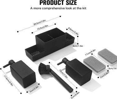 Dish Soap and Hand Soap Dispenser Kitchen Set with Sponge Holder and Brush, Dish Soap Dispenser Kitchen Black, Soap and Dish Soap Dispenser Set Kitchen Gadget Sink Organizer with Soap Dispenser (Black, 4 in 1)