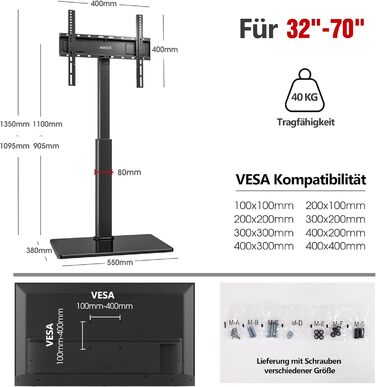 AOKCOS Adjustable TV Stand Base - Tilting & Swivel, Height 1350mm, for 32-70 inch TVs, VESA 400x400, 40kg Max Load (White/Black)