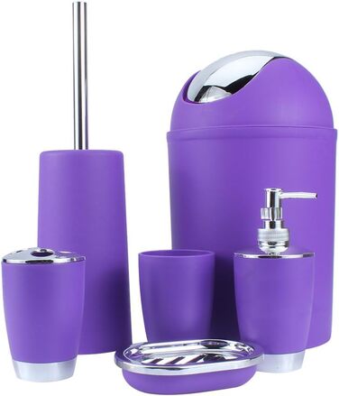 Bathroom and Toilet Set, 6-Piece Bathroom Accessory Set, with Cup, Toothbrush Holder, Soup Holder, Hand Sanitizer Bottle, Trash Can, Toilet Brush (Purple)