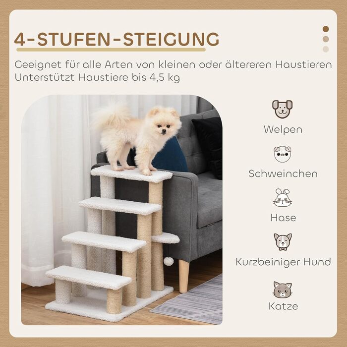 PawHut 3-Step Pet Stairs with Scratching Pillars, Ball, Dog Stairs, Pet Stairs for Cats up to 5 kg, Plush Jute, White, 45 x 40 x 48 cm (60L x 40W x 64H cm, White)