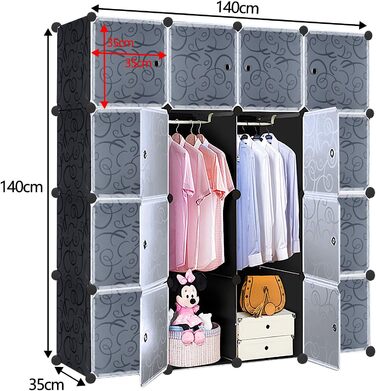 NAIZY Wardrobe Black DIY Plastic Shelf System Closet Organizer, Plug-in Shelf System with Door, Plastic Closet (16 Cubes, with 2 Clothes Rods)