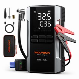 WOLFBOX 4000A Пускозарядний пристрій з компресором 160PSI, 12V, 65W, 88.8Wh, для бензинових/дизельних двигунів 10L, LED-ліхтар, кабелі, 4000A