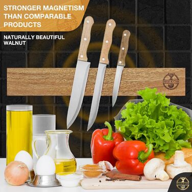 Магнітна рейка для ножів Deer & Oak 40 см, преміум з волоського горіха, настінний органайзер для кухні, подвійна магнітна смуга для надійного зберігання
