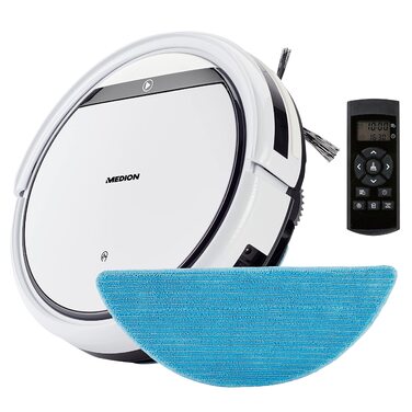 Робот-пилосос MEDION E32 SW з функцією миття підлоги (2в1) | Для твердих поверхонь, видалення шерсті тварин, підходить для алергіків | З пультом дистанційного керування, станція зарядки | Модель 2021 | Час роботи: 120 хв
