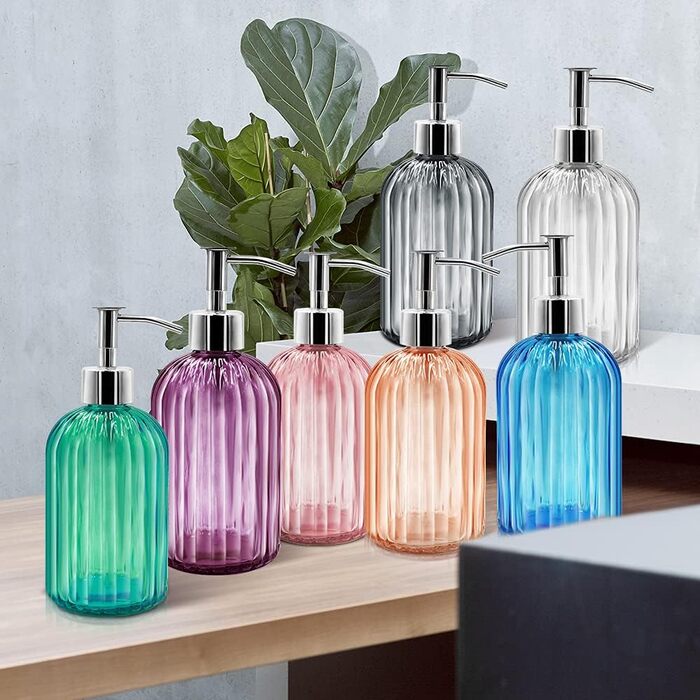 Набір з 2 скляних дозаторів для мила з помпою, 400 мл, для мила, шампуню, лосьйону, багаторазові, для кухні, ванної, пральні (темно-сірий)