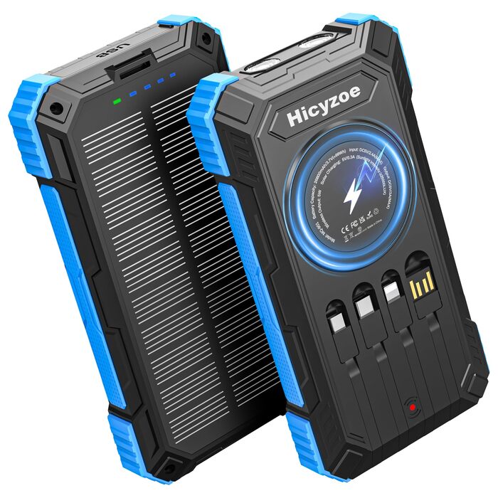 Сонячний повербанк 26800 mAh з 4 кабелями, швидка зарядка USB-C, Qi бездротова зарядка, LED ліхтарик - для телефонів, планшетів, кемпінгу (Синій)