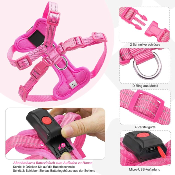 Світловідбиваючий нашийник для собак PZRLit з підзарядкою, для маленьких собак, XS, LED, для безпечних прогулянок вночі - Рожевий