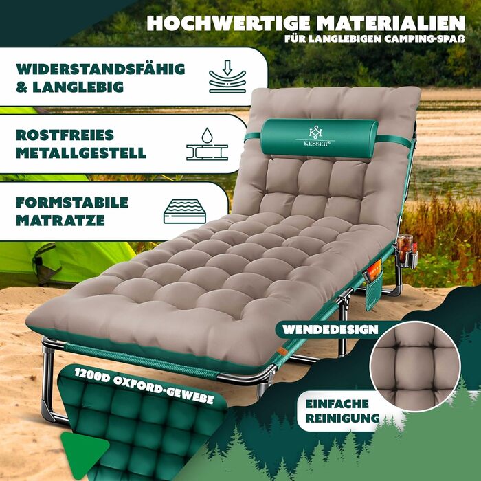 Ліжко похідне KESSER® складане з преміум-подушкою 190x68x30 см, до 250 кг, зелено-бежеве. З кишенею, підсклянником, для кемпінгу, гостей, в приміщенні/на вулиці