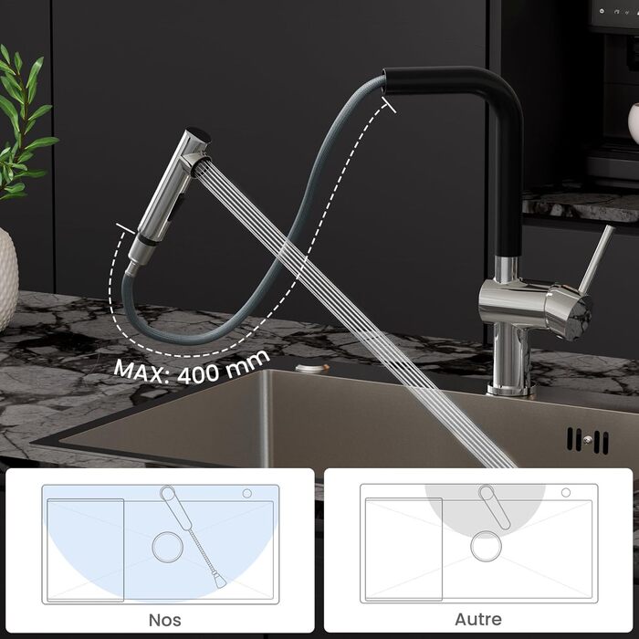 Змішувач для кухні CECIPA X203B чорного кольору з висувною насадкою, поворотний на 360°, з двома типами струменя, з нержавіючої сталі