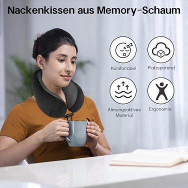 Подушка для шиї у літак CNMTCCO, регульована, з піною Memory Foam, ергономічна, з навушниками, маскою для очей, сумкою, для подорожей (літак, авто), чорна