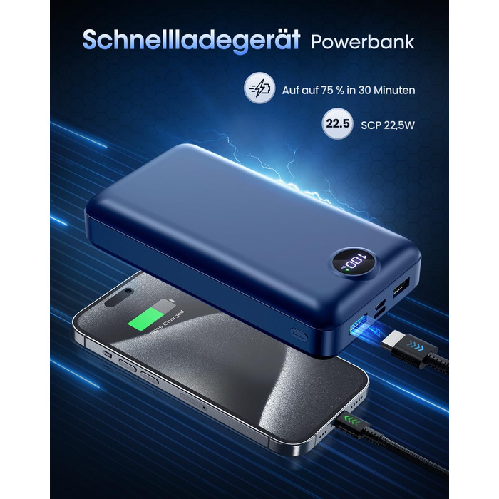 Power Bank 50000mAh з LED дисплеєм: Швидка зарядка 22.5W, 3 виходи USB та 2 входи, сумісний з iPhone, iPad, Android (Червоний)