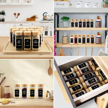 Набір банок для спецій квадратних [12 штук] з бамбуковою кришкою, 120 мл, з воронкою, наклейками, щіткою та ситами