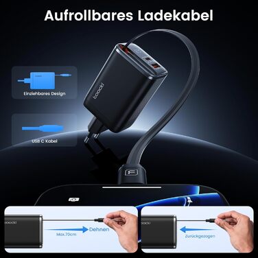 Зарядний пристрій USB-C toocki GaN 67W з LED дисплеєм та вбудованим кабелем для MacBook, iPhone 17 Pro Max, Samsung Galaxy S24 Ultra/S23, Nintendo Switch, ноутбуків та смартфонів - Чорний