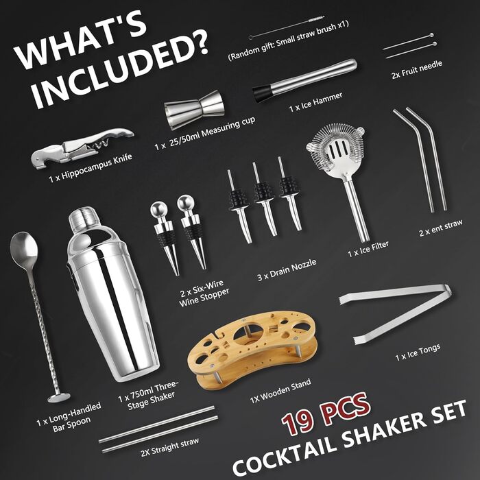Набір для коктейлів 12 шт. з нержавіючої сталі 750 мл з підставкою з бамбука та книгою рецептів, набір шейкерів для коктейлів, подарунок для чоловіків та жінок (домашній бар, вечірка, весілля), сріблястий