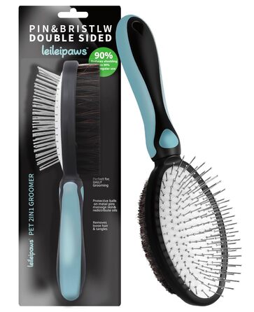 Двостороння щітка для собак та котів - розпушувач для довгої та короткої шерсті, металеві щетинки та натуральна щетина, ергономічна ручка TPR, м'який та ефективний догляд за шерстю (Синьо-Чорний)