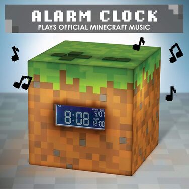 Будильник Minecraft Grasblock: офіційно ліцензований, з підсвіткою, відтворює музику з гри, декор для кімнати геймера Minecraft, 13 x 13 см, зелений
