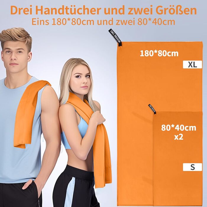 Набір з 3 рушників з мікрофібри, 180x80 см + 2 рушники 80x40 см, для фітнесу, сауни, пляжу, подорожей, темно-зелений (оранжевий)
