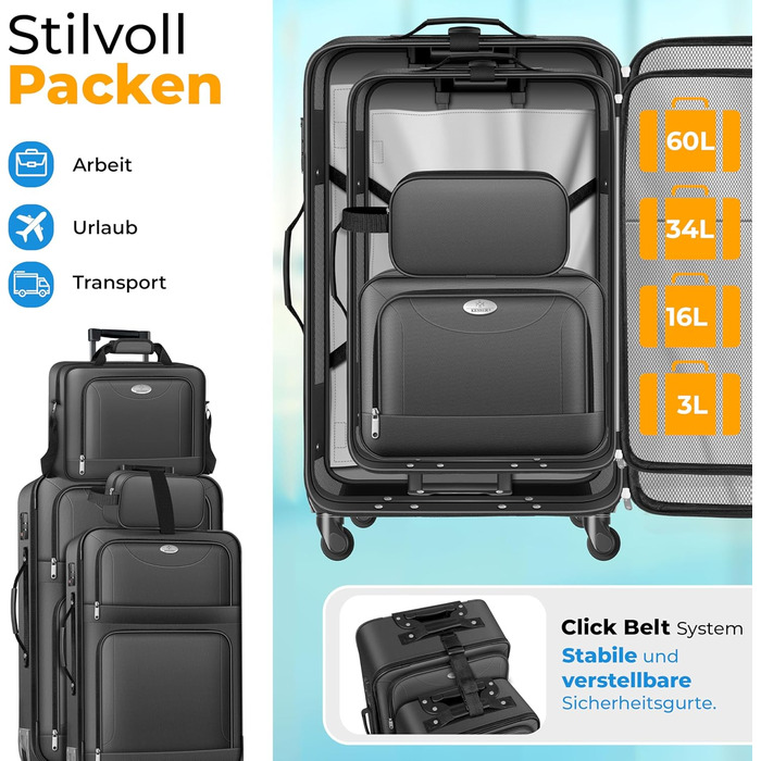 Набір валіз KESSER® 4-в-1 | Тріумф у подорожах: комплект з валізи-тролі, тканинної валізи, косметички та великої валізи для бізнесу та подорожей | Антрацит