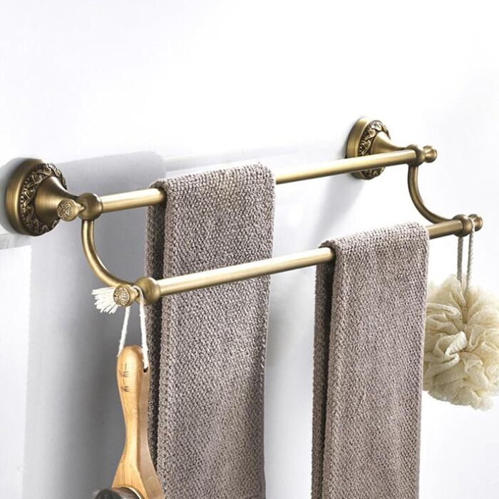Brass toothbrush holder, antique bronze finish, cup holder with white ceramic cup, wall-mounted, bathroom accessory, patterned carving design (double towel holder)