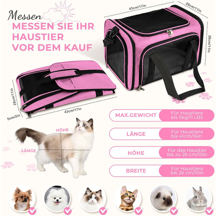 Транспортна сумка для кота/собаки до 5 кг, рожева, 43x28x28 см