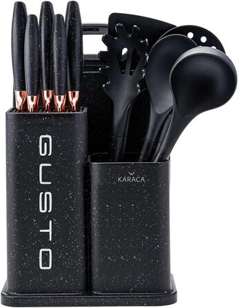 Набір ножів Karaca Gusto 12 предметів з дощечкою та кухонними аксесуарами. Ножі з нержавіючої сталі, ергономічні ручки. Чорний колір.
