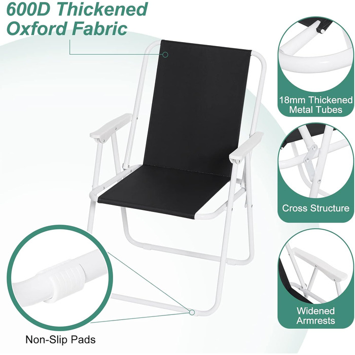 WOLTU Folding Camping Chairs, 2-Pack, Folding Chair, Comfortable Folding Stool, Lightweight Fishing Chair with Armrests for Picnic, Outdoor, Hiking, Garden, Balcony, (Black)